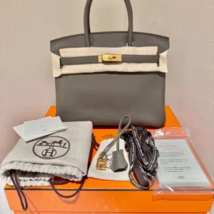 Authentique et neuf, le sac Birkin 30 Hermès couleur Étain doré avec finitions dorées, en cuir Clémence.